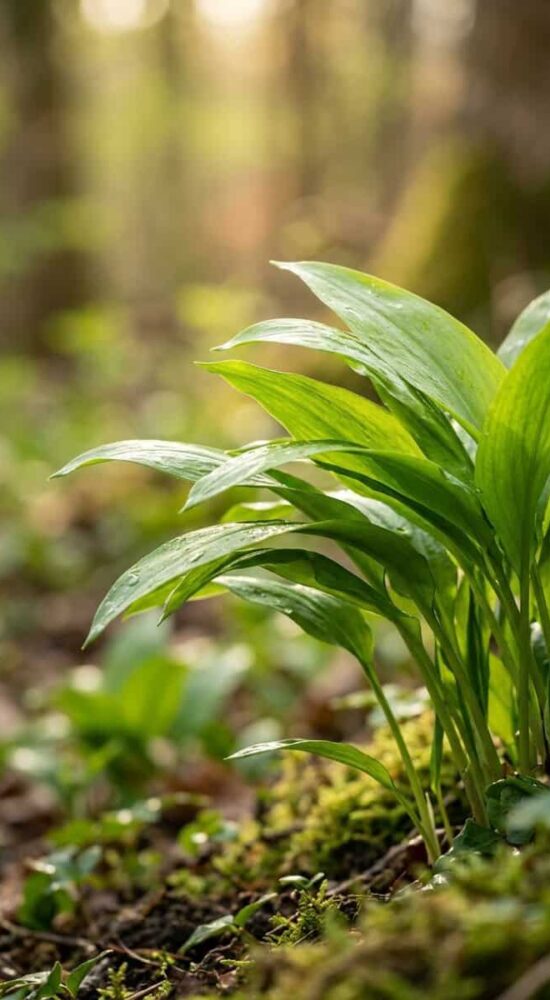 Frische Bärlauchblätter im Frühlingswald, Nahaufnahme im sanften Sonnenlicht mit unscharfem Hintergrund