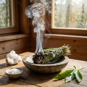 Bärlauch 10 Glimmendes Bärlauch-Räucherbündel in Steinschale mit aufsteigendem Rauch, daneben Bergkristall und Salzschale auf Holztisch am Fenster – kraftvolles Ritual zur energetischen Frühjahrsreinigung mit Wildkräutern aus Brandenburg.
