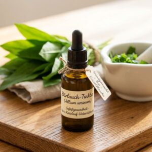 Bärlauch 7 Handgemachte Bärlauch-Tinktur (Allium ursinum) in Braunglasflasche mit Pipette und Holzanhänger, daneben frische Bärlauchblätter und Mörser – traditionelle Wildkräuter-Zubereitung aus Brandenburg zur Unterstützung von Herz, Kreislauf und Gefäßgesundheit.