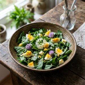 Bärlauch 9 Frischer Bärlauch-Wildkräutersalat mit hartgekochten Eiern, Bärlauchblüten und Schnittlauchblüten in rustikaler Keramikschale auf Holztisch – frühlingshafter Vitalsalat aus der Brandenburger Wildkräuterküche.