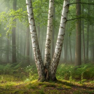 Birke 1 Drei zusammengewachsene weisse Birkenstaemme in einem lichten Wald mit saftig gruenen Blaettern und sanftem Sonnenlicht.