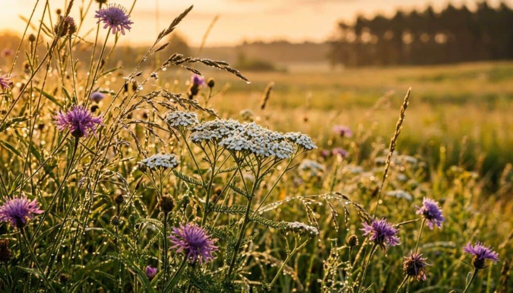 Wildblumenwiese in der goldenen Stunde: lila Disteln, weiße Schafgarbe, Gräser mit Tau-Tropfen, Kiefernwald im Hintergrund – Brandenburgische Naturstille.