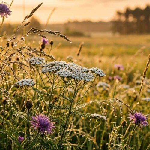 Wildblumenwiese in der goldenen Stunde: lila Disteln, weiße Schafgarbe, Gräser mit Tau-Tropfen, Kiefernwald im Hintergrund – Brandenburgische Naturstille.