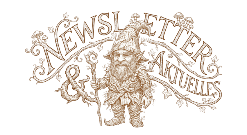 Detailreiche Illustration eines hölzernen Naturwesens mit Wanderstab und Pilzhut, eingebettet in den kunstvollen Schriftzug Newsletter & Aktuelles.