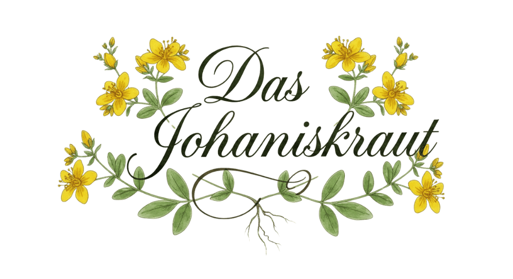 Ein freigestellter, geschwungener Schriftzug mit den Worten „Das Johanniskraut“ in dunkelgrüner Schreibschrift auf transparentem Hintergrund. Das Textbild ist harmonisch umrahmt von feinen, botanischen Illustrationen der Johanniskraut-Pflanze mit gelben Blüten, grünen Blättern und einer kleinen Wurzel an der Unterseite.